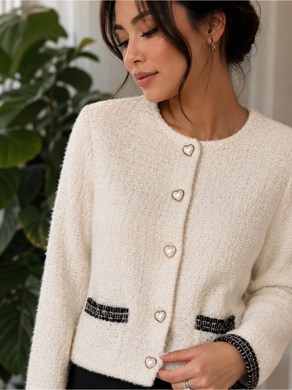 Elegant Cream Women's Jacket with Black Accents & Heart buttons